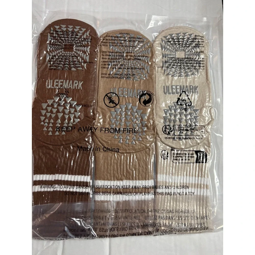 Uleemark 3 Pair Non Slip Yoga Socks Crew Grip Pilates Barre Earth Tones Striped
